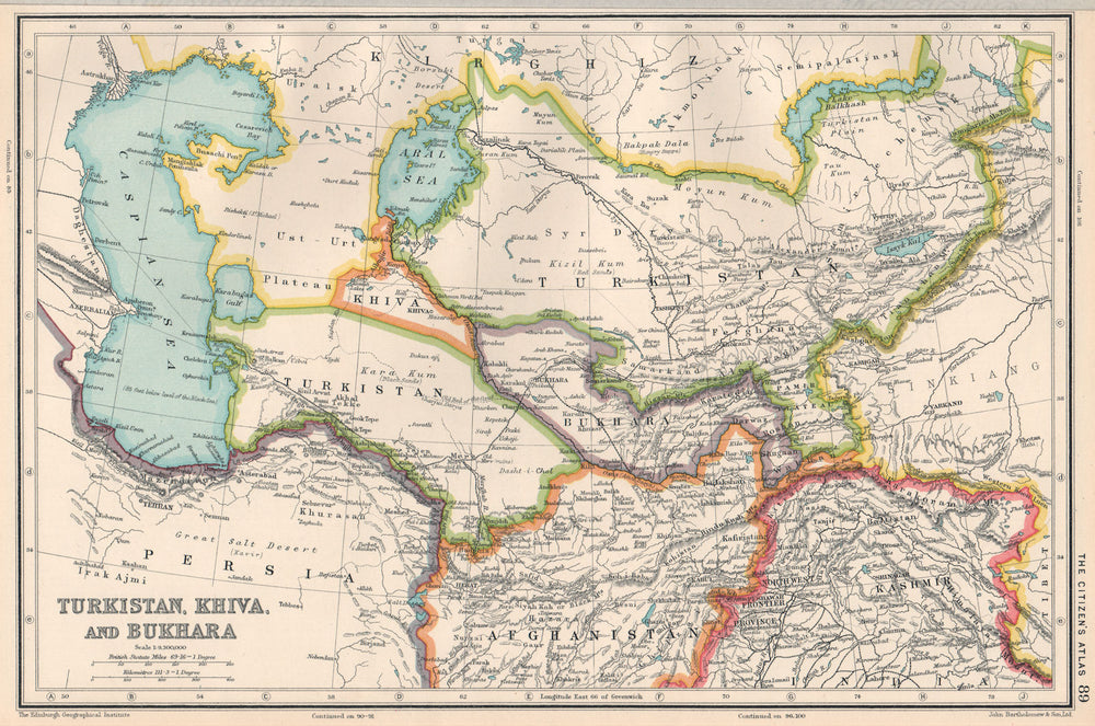 CENTRAL ASIA. Turkistan, Khiva, and Bukhara. BARTHOLOMEW 1924 old antique map