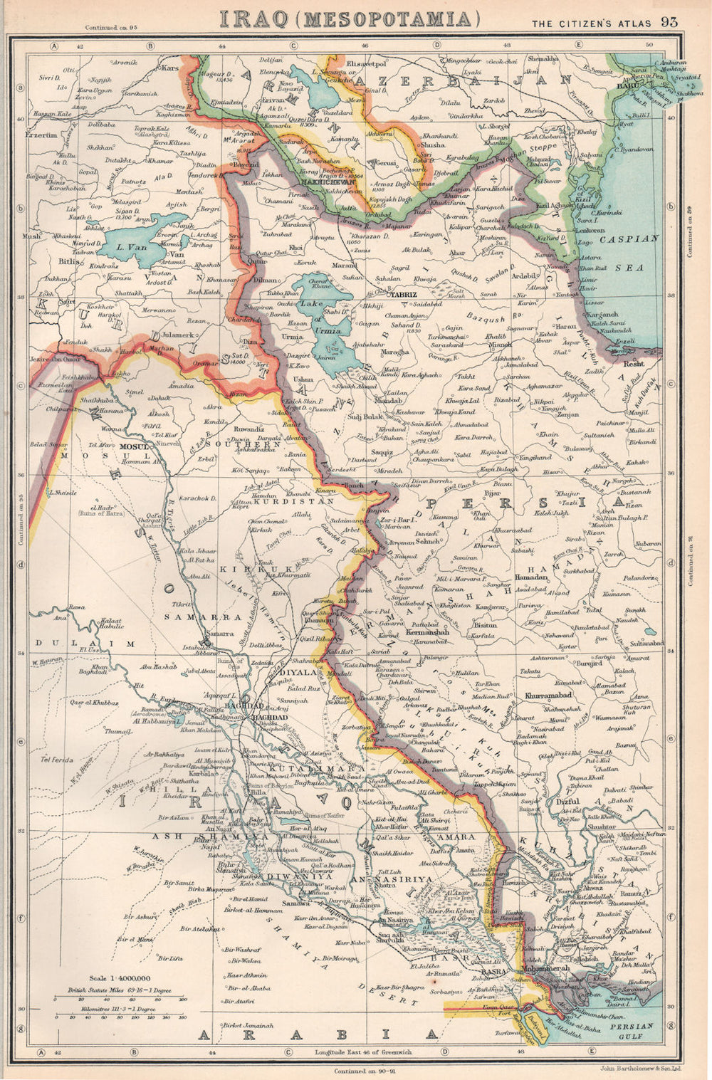 IRAQ/MESOPOTAMIA. Unresolved border with Arabia. Tigris & Euphrates 1924 map