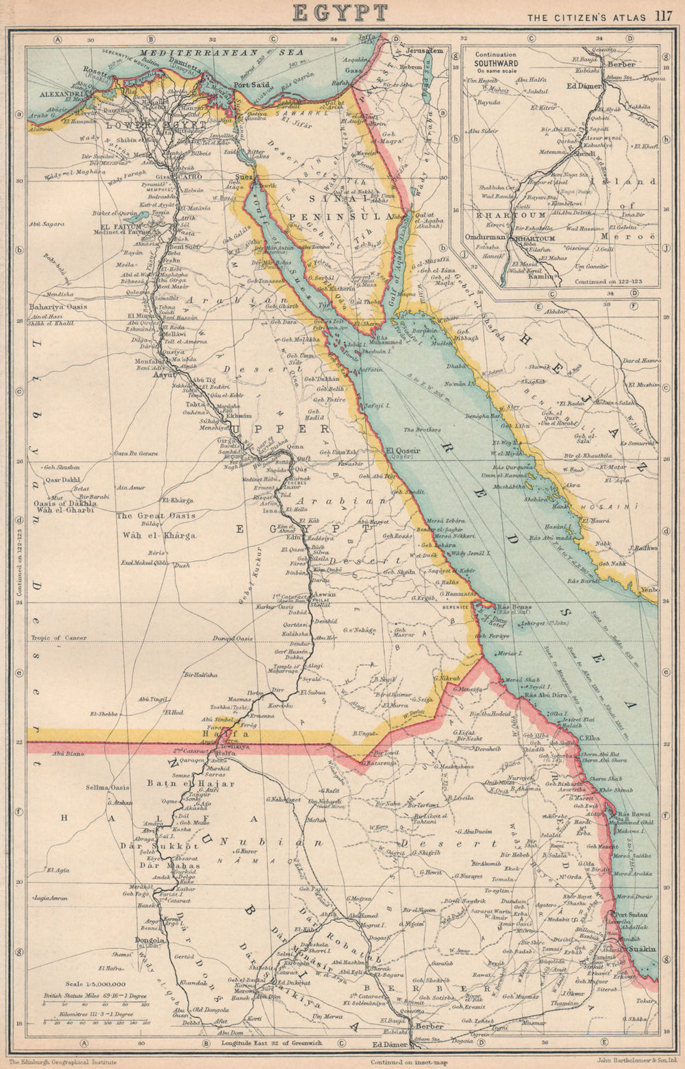 EGYPT. + Nile valley. BARTHOLOMEW 1924 old antique vintage map plan chart