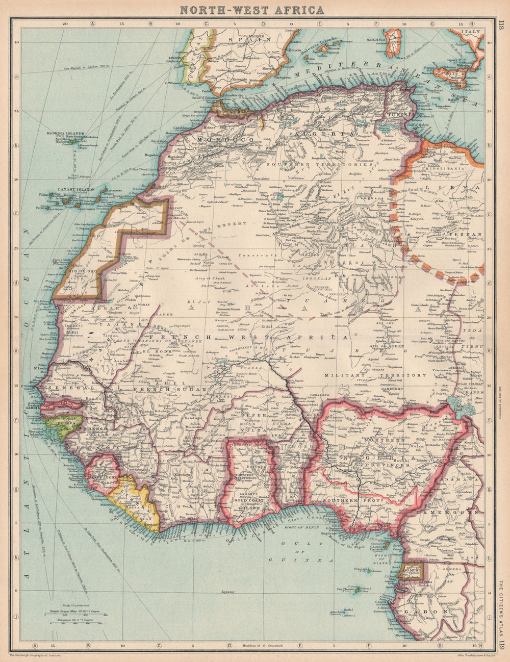 NORTH-WEST AFRICA.Rio de Oro,Rio Muni, Spanish Morocco 1924 old antique map