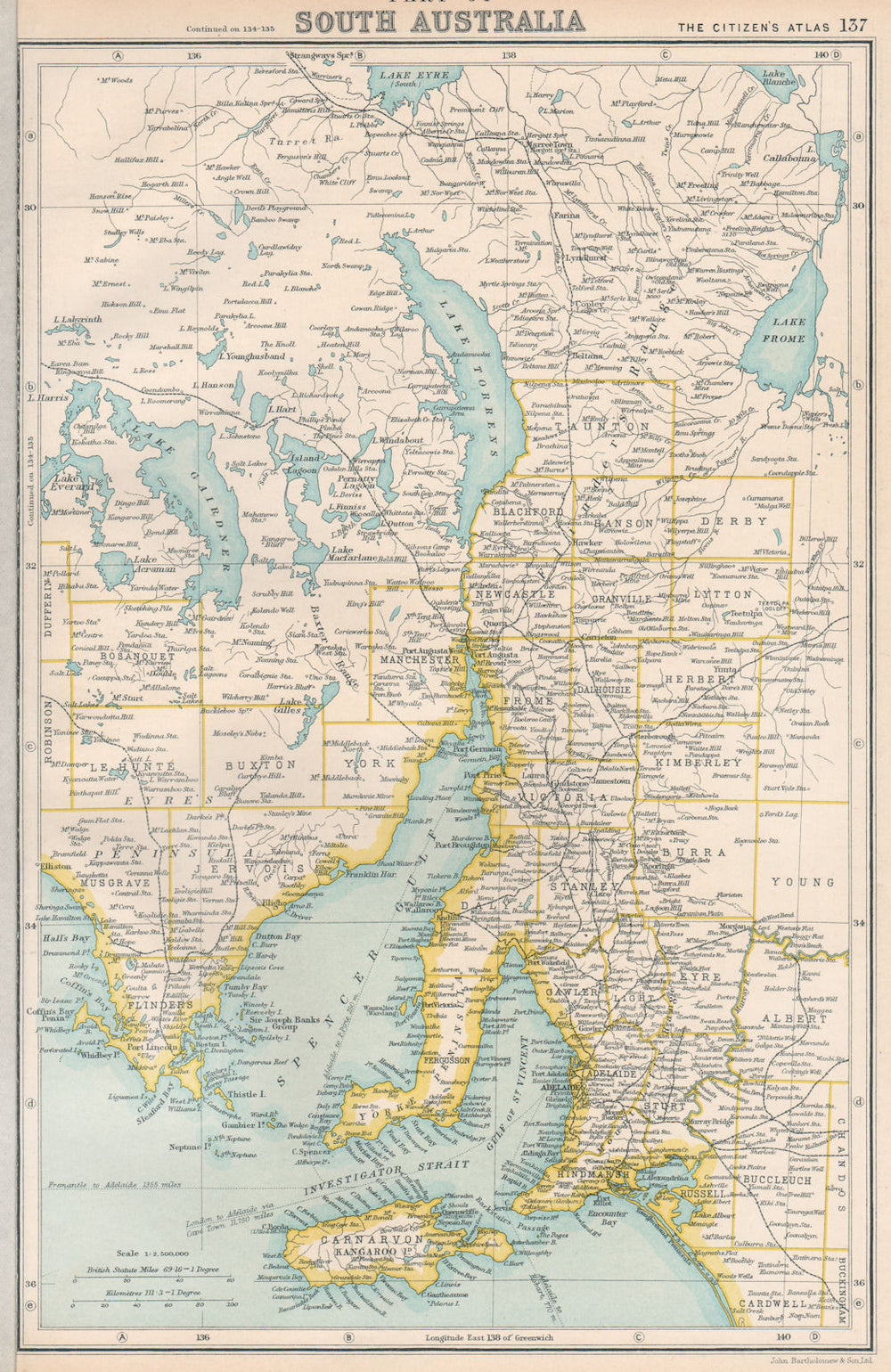 SOUTH AUSTRALIA. state map showing counties. BARTHOLOMEW 1924 old antique