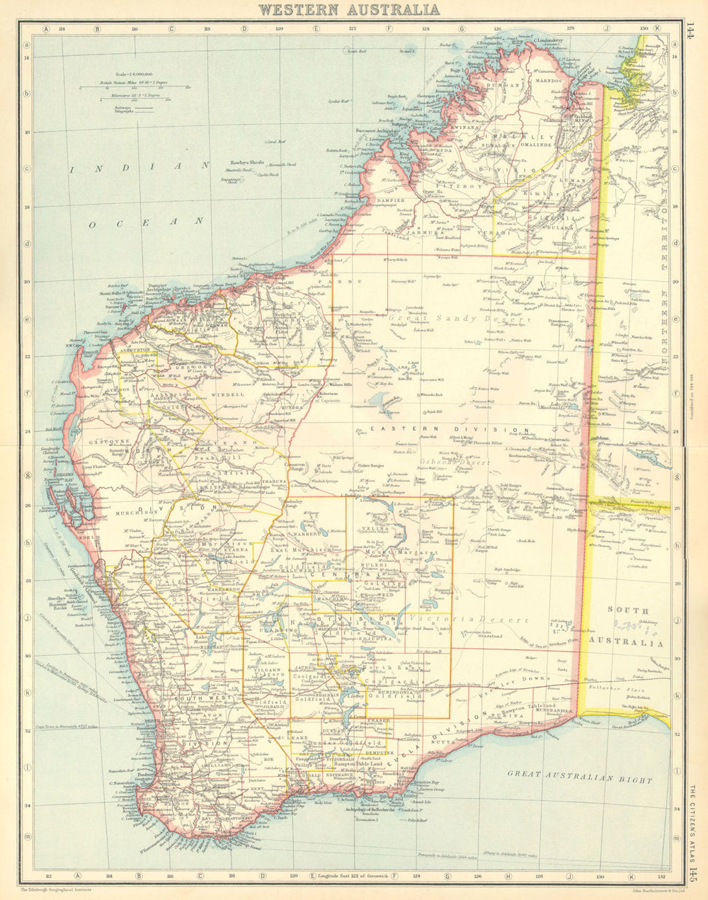 WESTERN AUSTRALIA. showing land districts & goldfields. BARTHOLOMEW 1924 map
