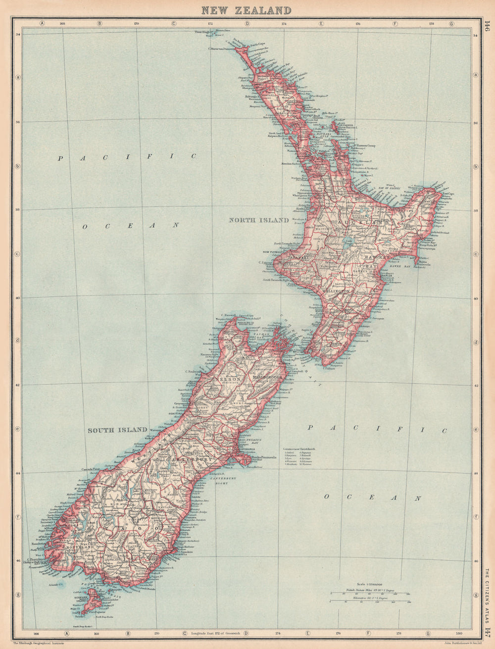 NEW ZEALAND. showing counties. BARTHOLOMEW 1924 old antique map plan chart