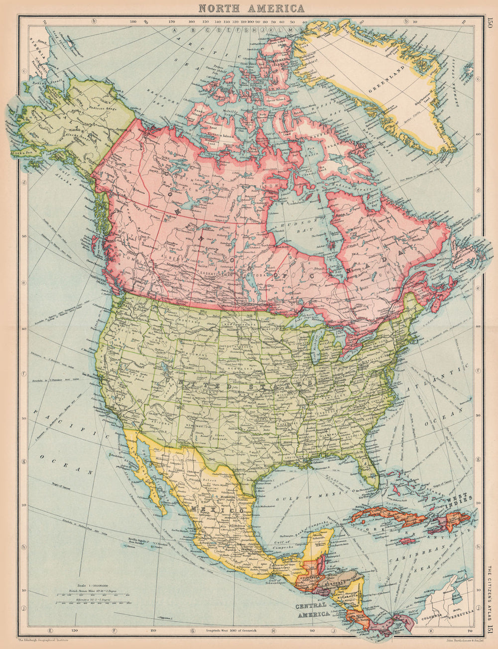 NORTH AMERICA. General map. BARTHOLOMEW 1924 old antique plan chart
