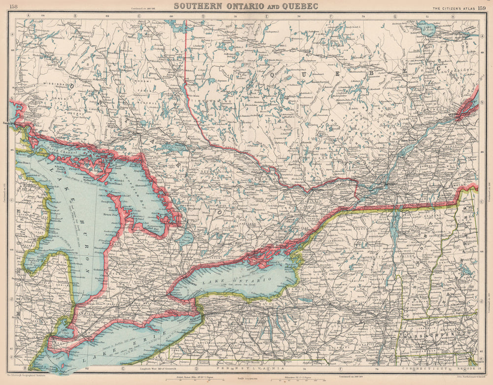 CANADA. Southern Ontario and Quebec. BARTHOLOMEW 1924 old antique map chart