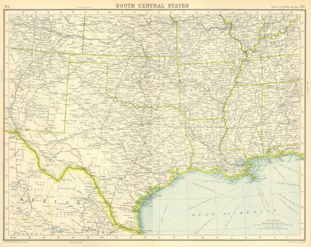 USA SOUTH. Texas Louisiana Oklahoma Arkansas Mississippi. BARTHOLOMEW 1924 map