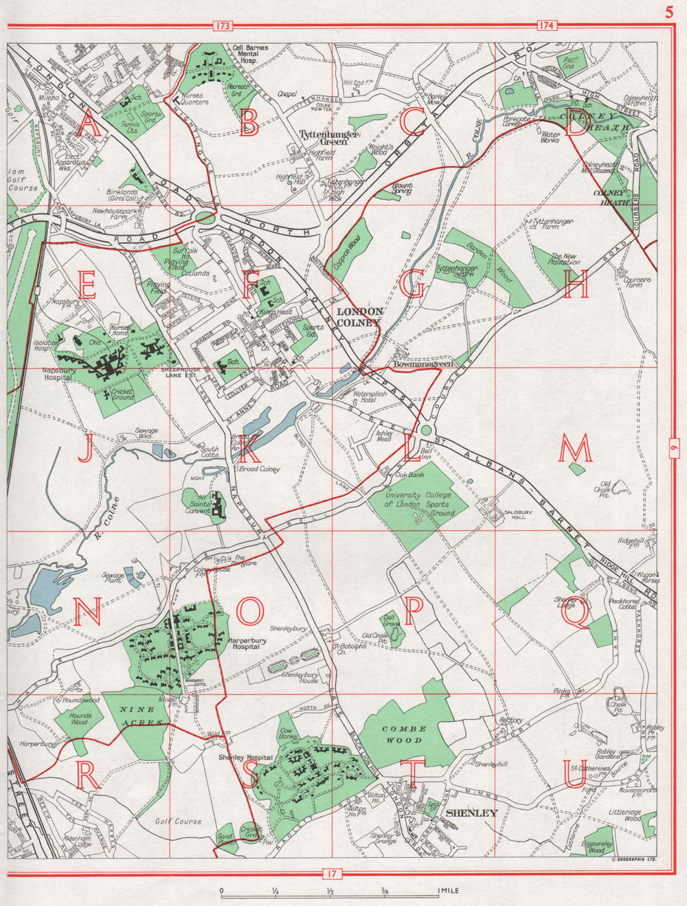 LONDON COLNEY. St Albans Shenley Tyttenhanger Green Colney Heath. Herts 1964 map