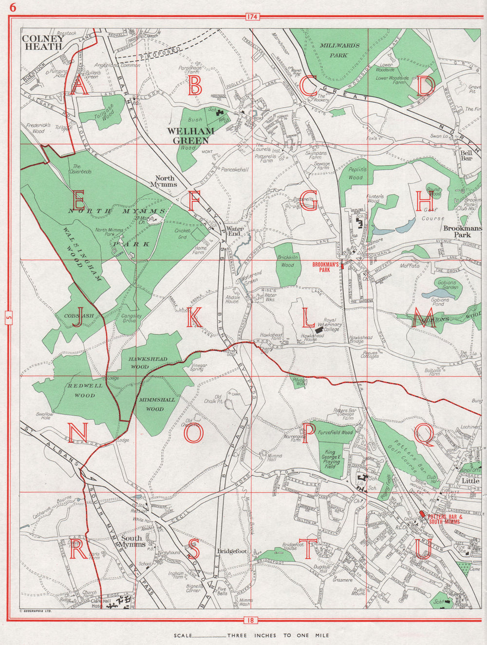 POTTERS BAR.Colney Heath Welham Green Brookmans Park South Mimms.Herts 1964 map
