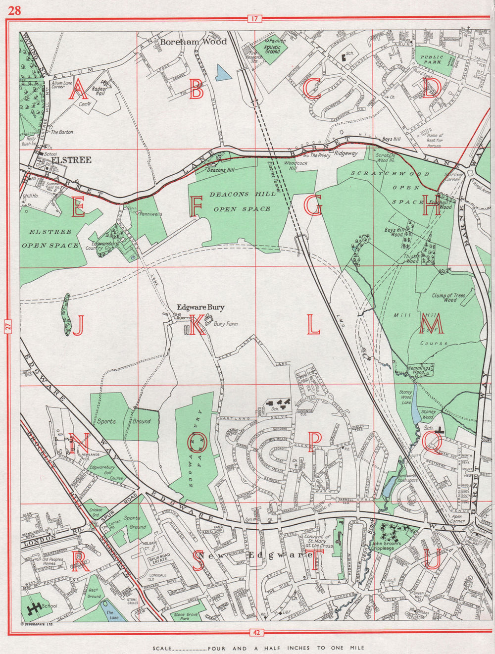EDGWARE. Borehamwood Edgwarebury Elstree New Edgware. Pre M1. Herts 1964 map