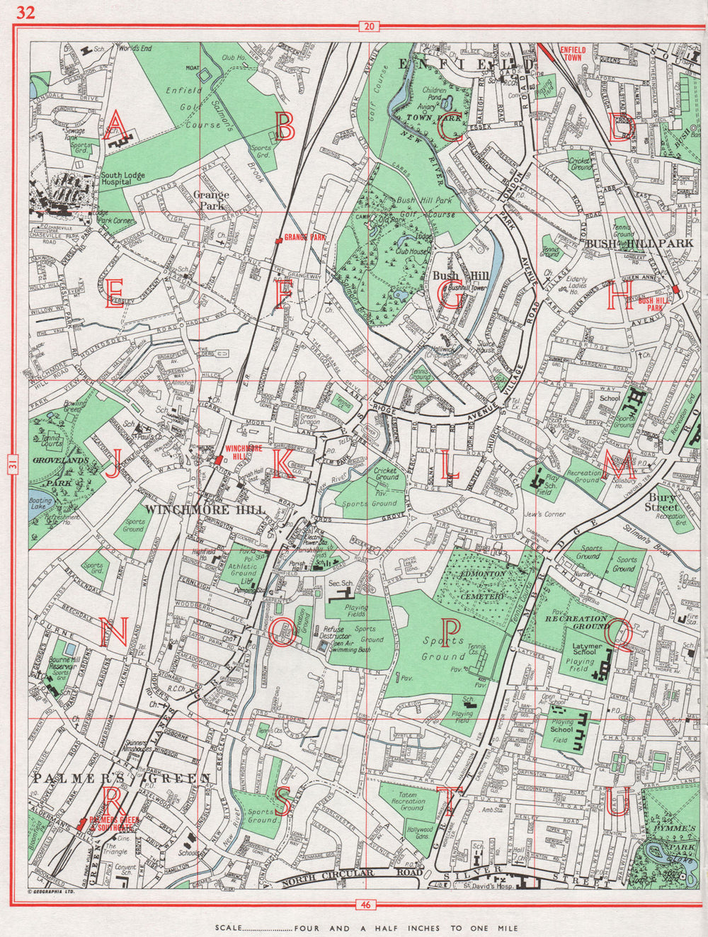 SOUTHGATE.Winchmore Hill Enfield Palmer's Green Bush Hill Park Edmonton 1964 map