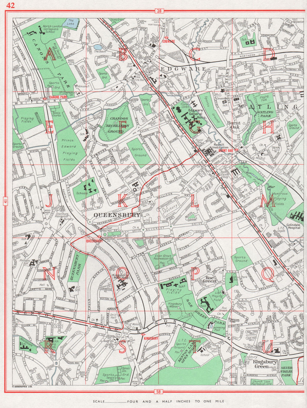 LONDON. Queensbury Edgware Kingsbury Green Little Stanmore Burnt Oak 1964 map