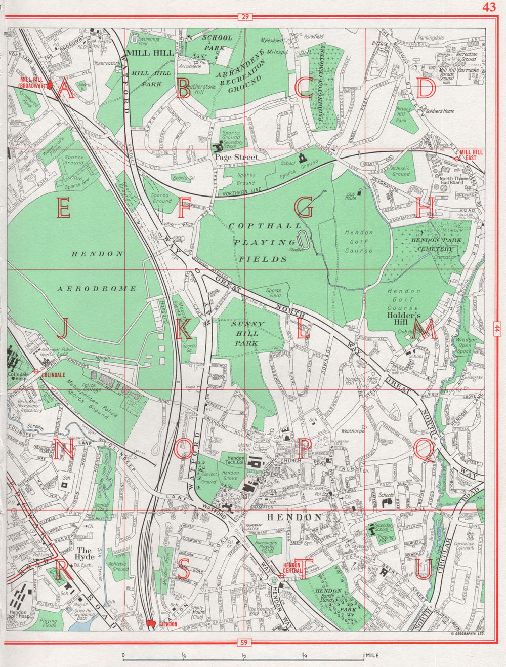 HENDON.Hyde Mill Hill Holder's Hill Colindale.Hendon Aerodrome.Pre-M1 1964 map