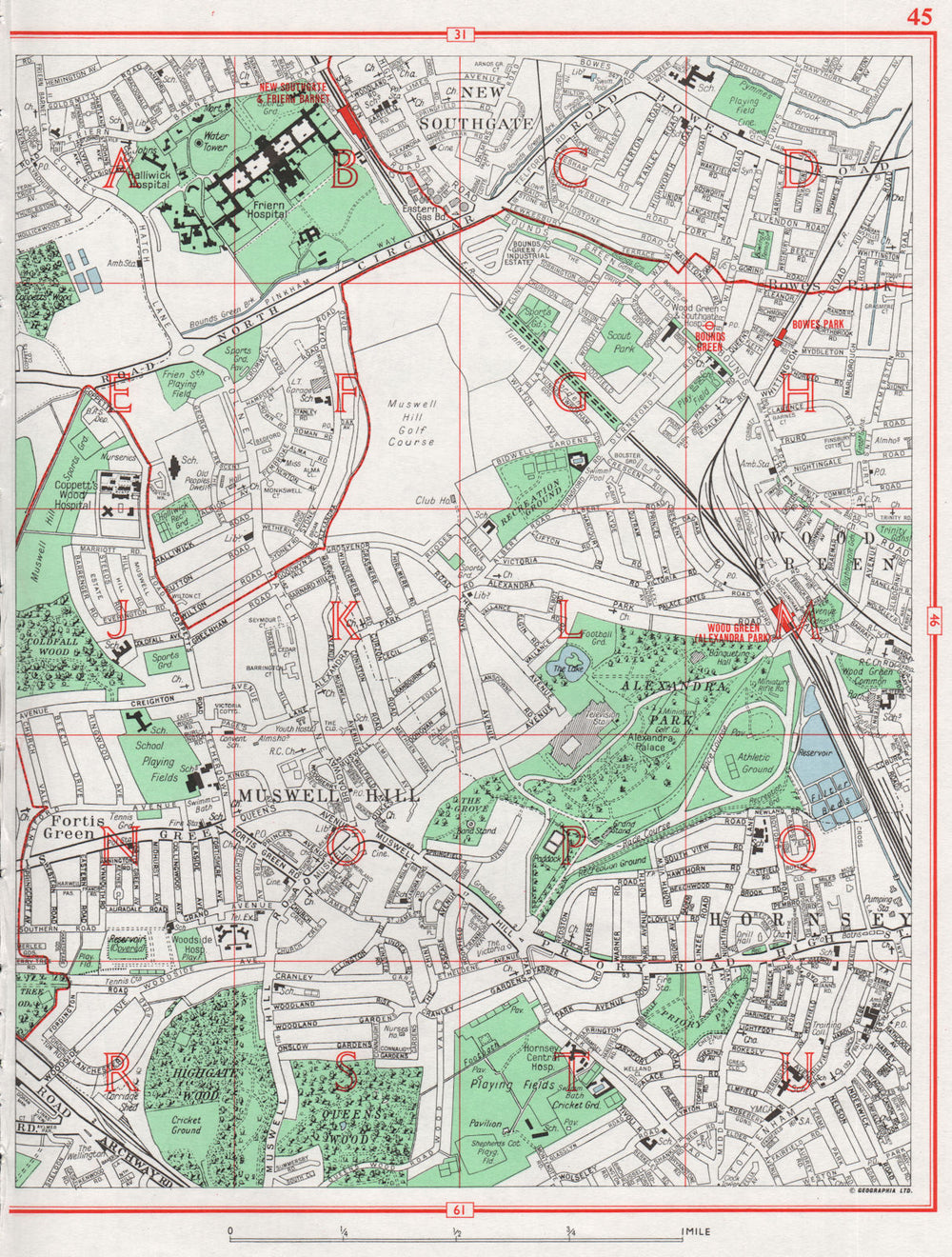 MUSWELL HILL. New Southgate Fortis Green Hornsey Wood Green Bowes Park 1964 map