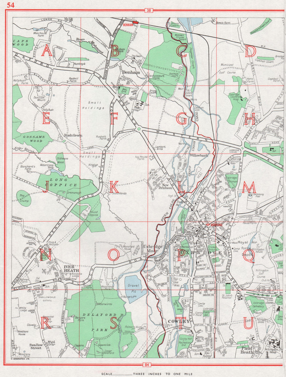 UXBRIDGE.Denham Iver Heath Cowley Pield Heath Uxbridge Moor.Bucks MIDDX 1964 map