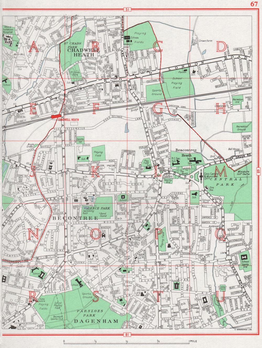 BECONTREE. Chadwell Heath Dagenham Parsloes Park 1964 old vintage map chart