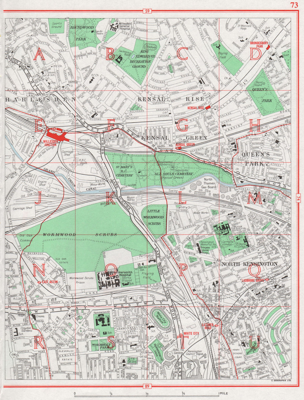 LONDON.Harlesden Kensal Rise/Green Queen's Park N Kensington White City 1964 map
