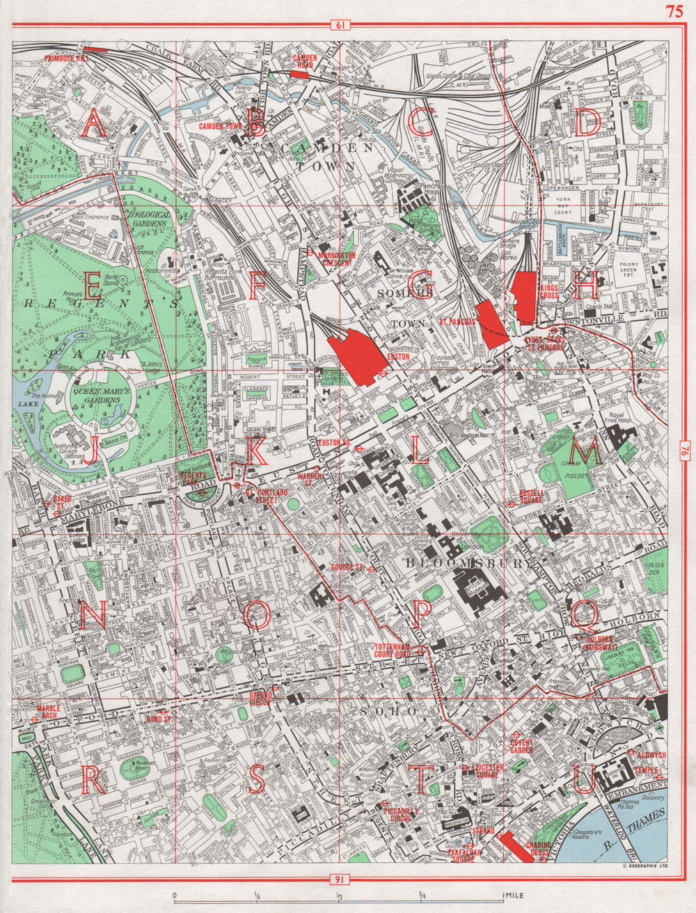 LONDON WEST END. Camden Bloomsbury Fitzrovia Marylebone Soho Mayfair 1964 map