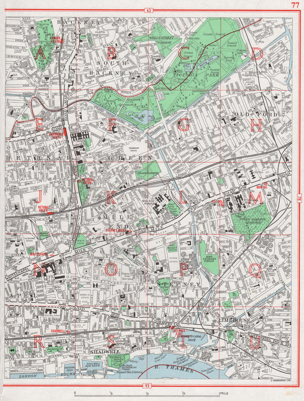 EAST-END. Hackney Bethnal Green Mile End Stepney Limehouse Shadwell 1964 map