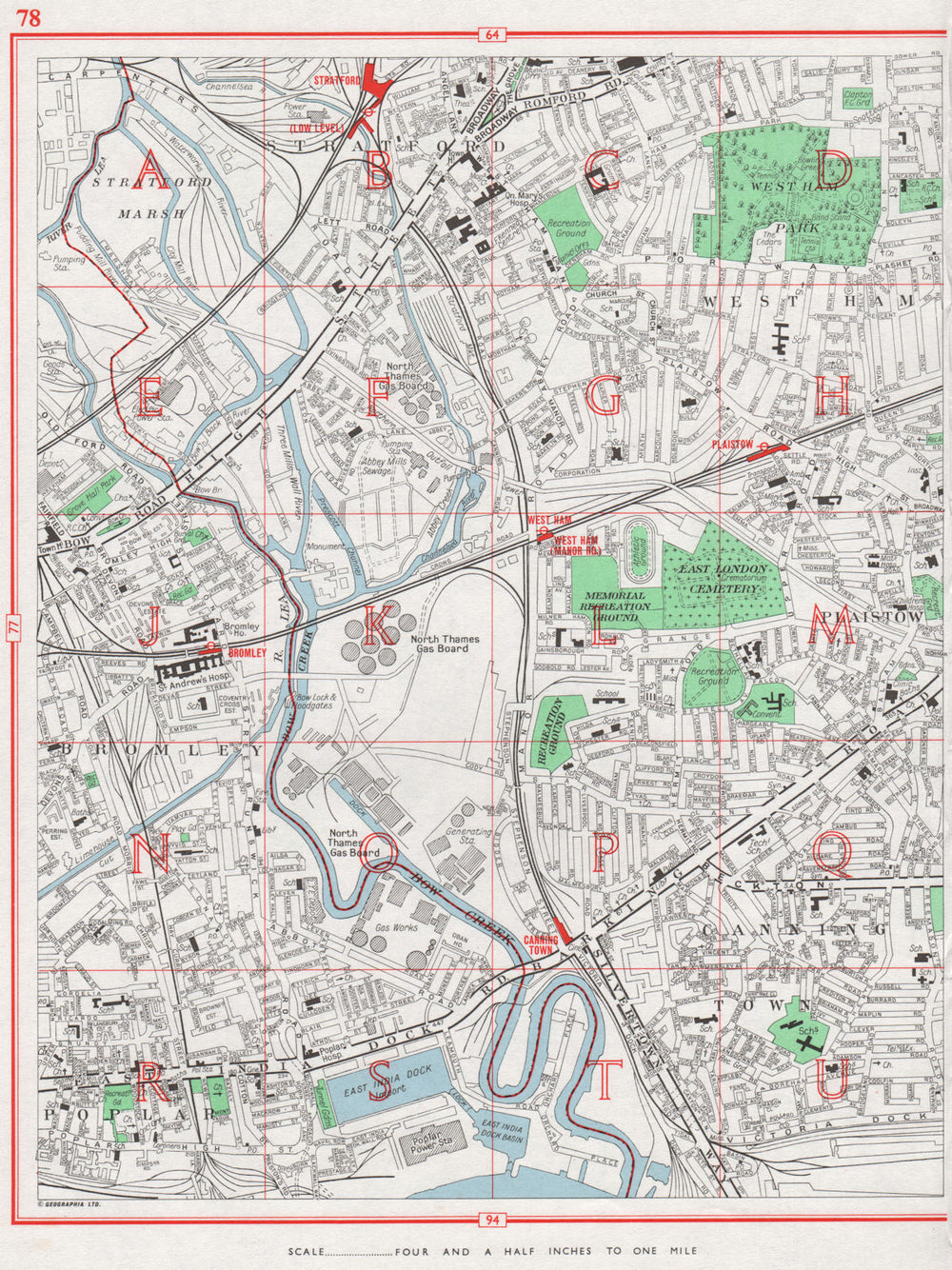 EAST-END. Stratford West Ham Bromley Bow Poplar Plaistow Canning Town 1964 map