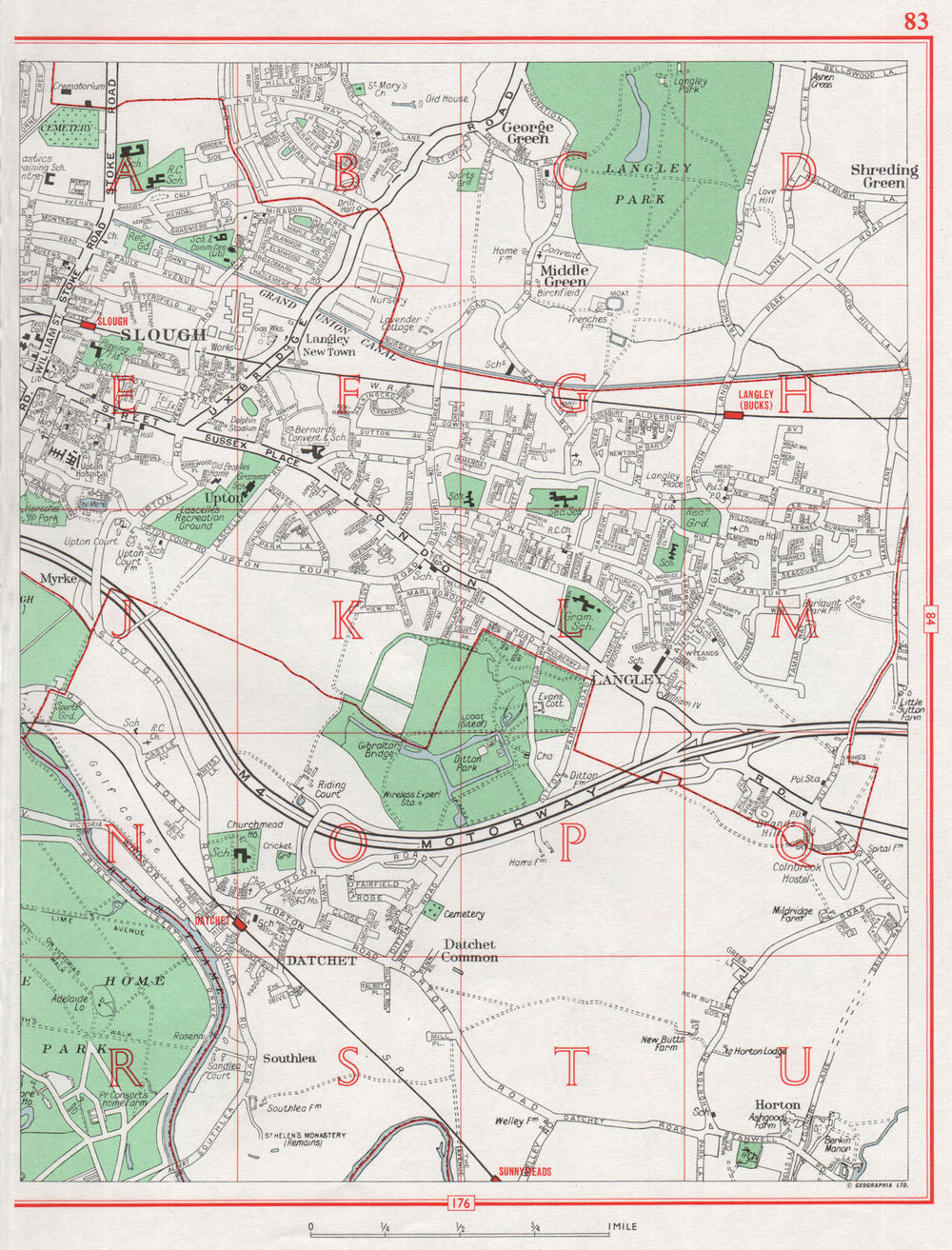 SLOUGH.Langley Datchet George/Middle/Shreding Green Horton.Pre-QM res. 1964 map