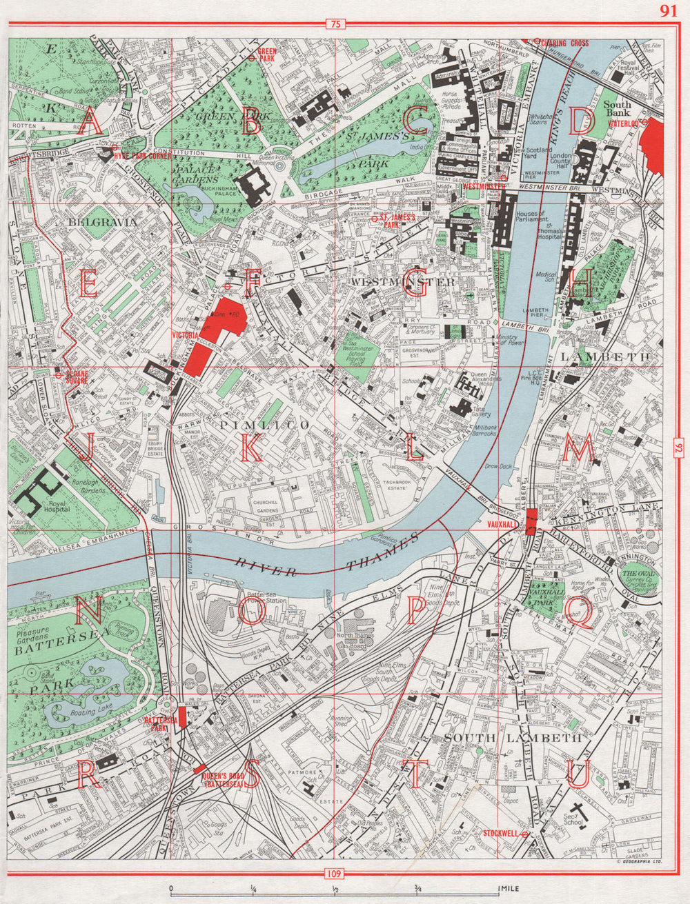 WESTMINSTER. Belgravia Pimlico Lambeth Battersea Park Sloane Square 1964 map