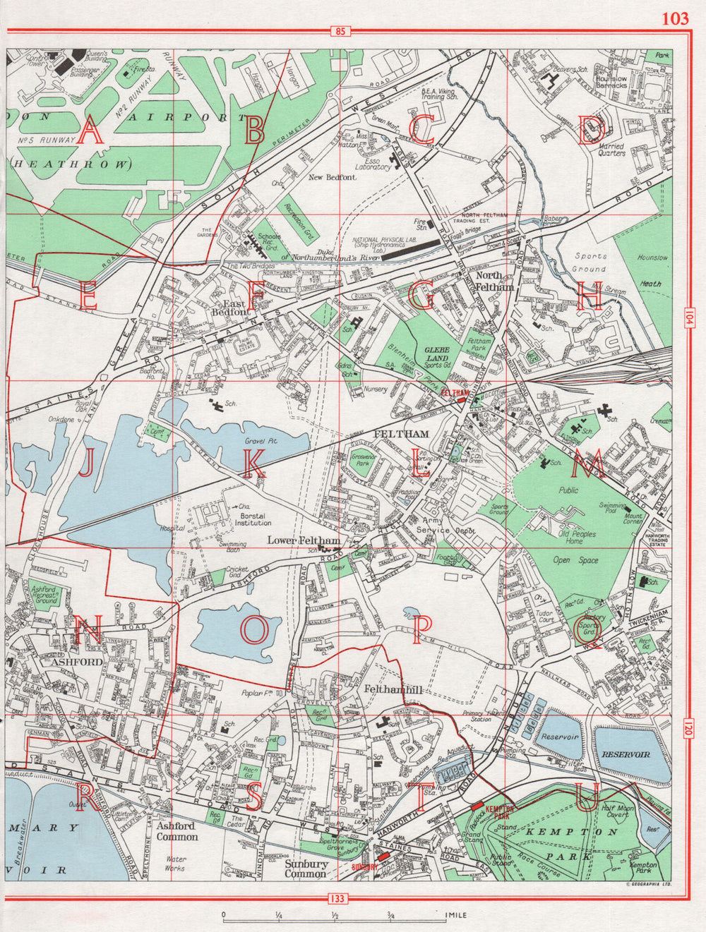 FELTHAM. Ashford East Bedfont Sunbury Common Heathrow Kempton Park 1964 map