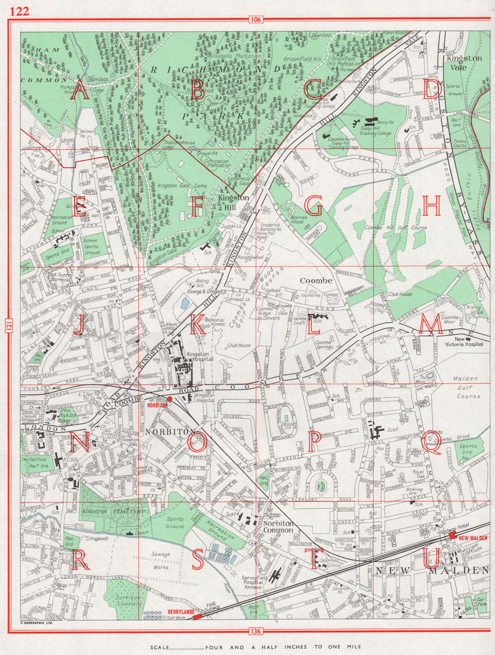 KINGSTON UPON THAMES. Coombe Norbiton New Malden Richmond Park 1964 old map