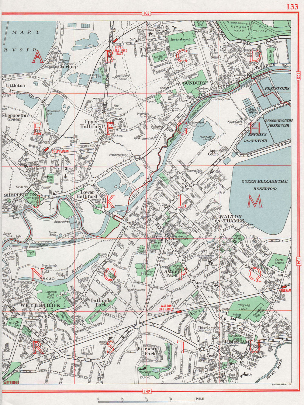 WALTON-ON-THAMES. Weybridge Halliford Shepperton Hersham. Pre-M25 1964 old map