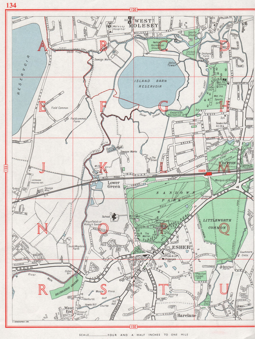 ESHER. West/East Molesey Lower Green Sandown Park Harelane. Surrey 1964 map