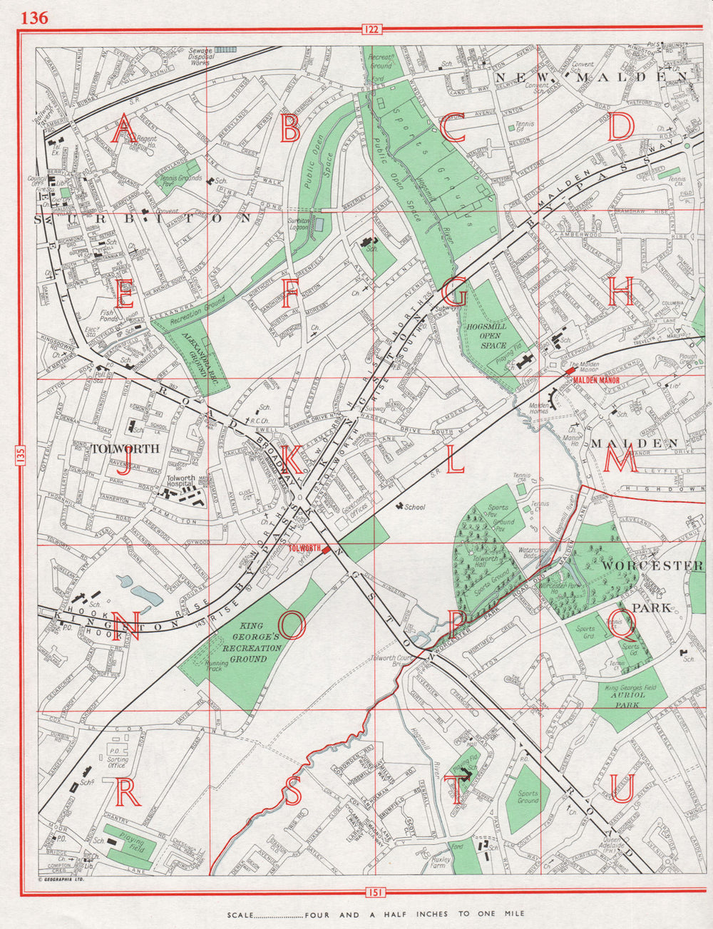 SURBITON. New Malden Tolworth Malden Worcester Park 1964 old vintage map chart