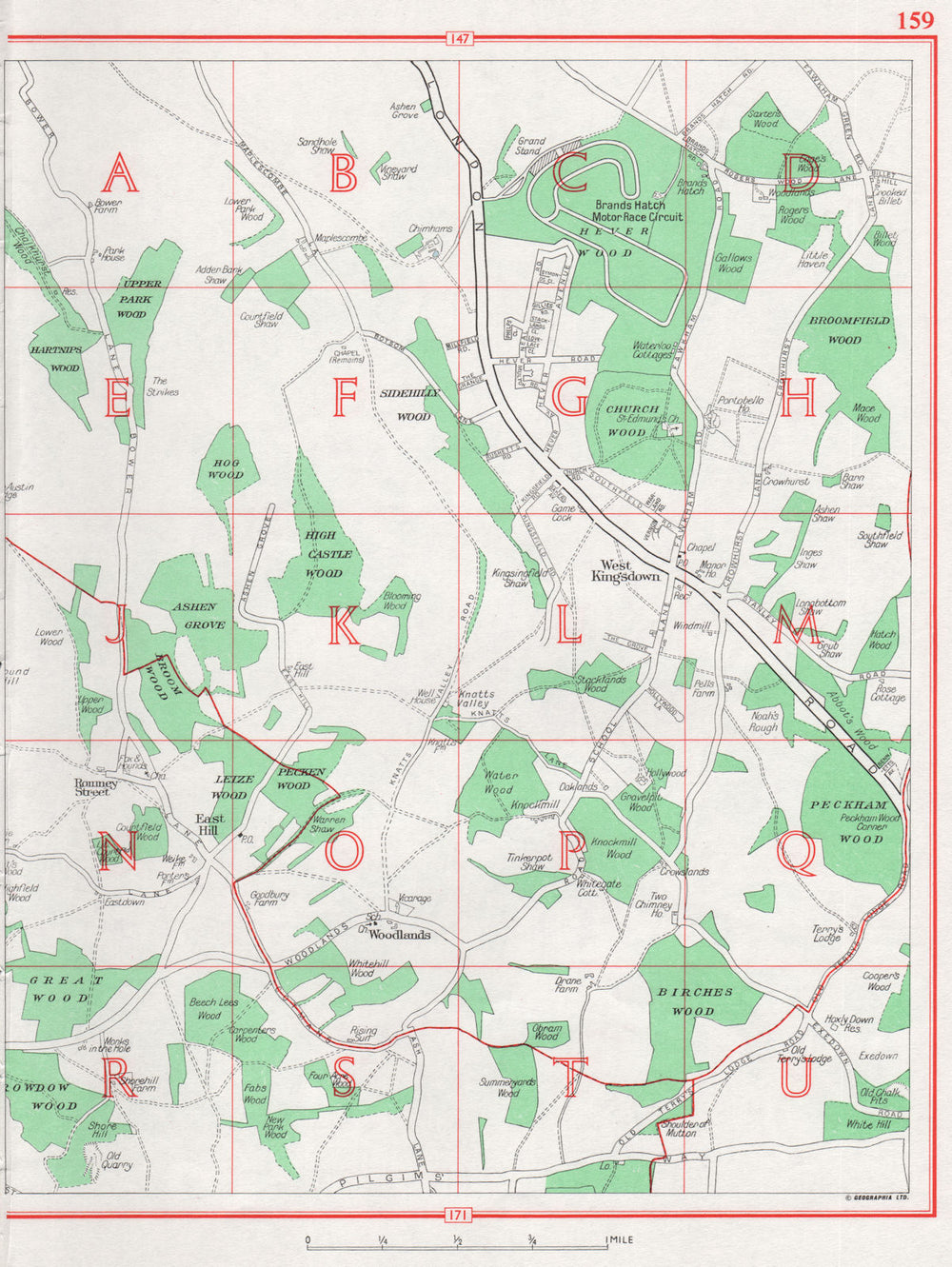 KENT. West Kingsdown Sidehilly Wood Woodlands Brands Hatch. Pre-M20 1964 map