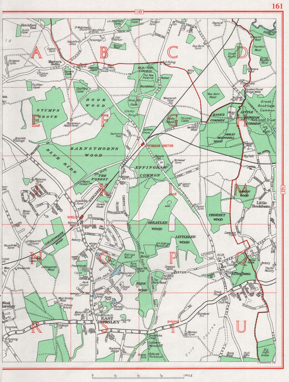 EAST HORSLEY. West Horsley Effingham Little Bookham. Pre-M25. Surrey 1964 map