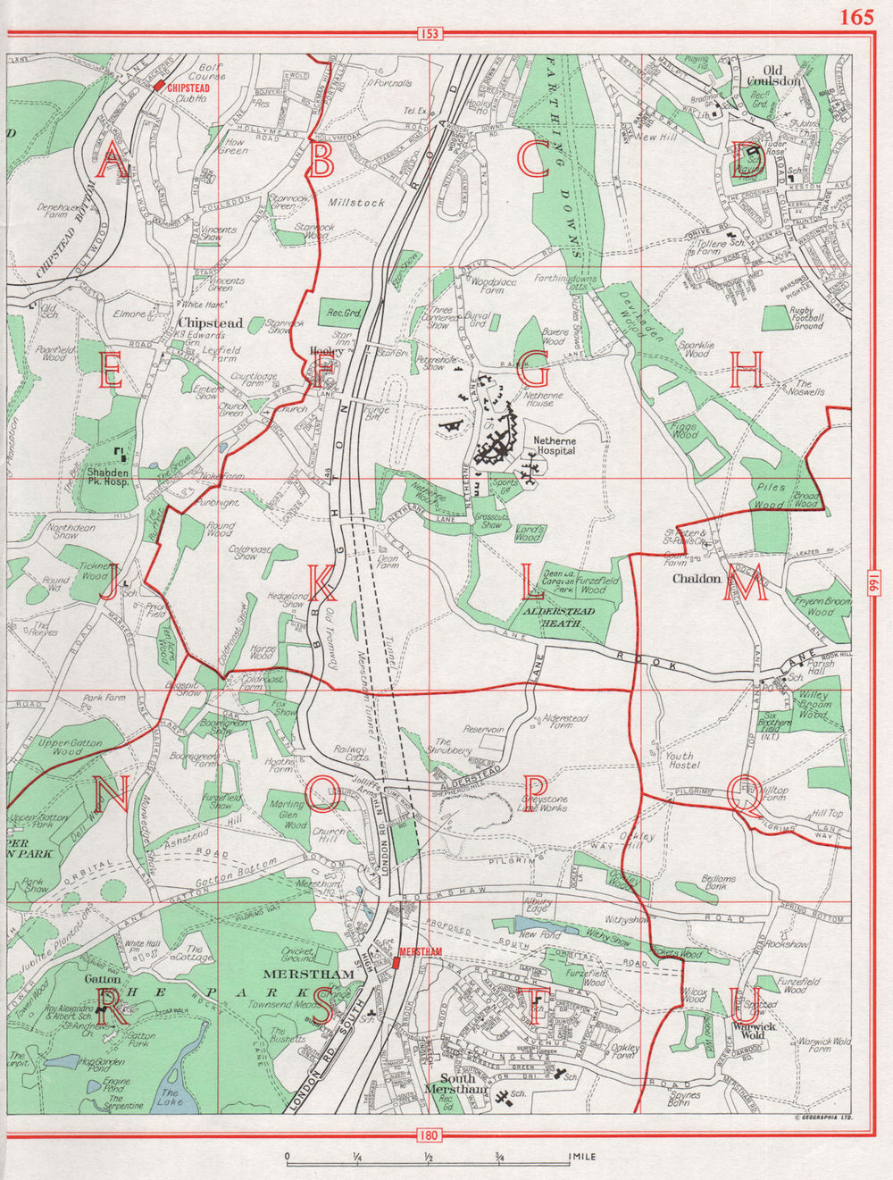 SURREY.Chipstead Old Coulsdon Chaldon Merstham Warwick Wold.Pre-M25/M23 1964 map