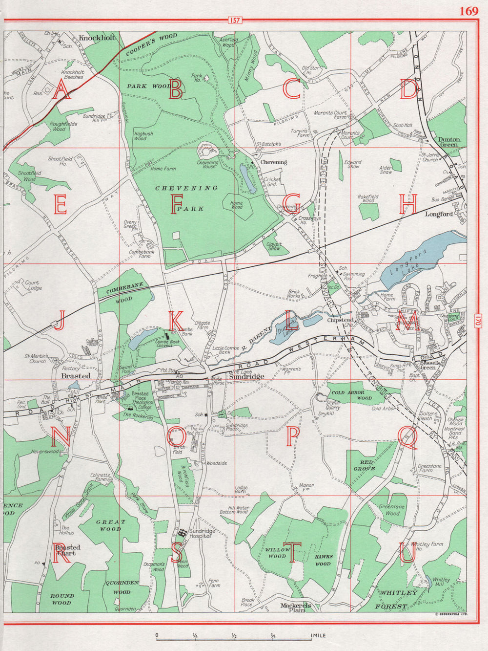 KENT. Brasted Sundridge Longford Knockholt. Pre-M25, A21 1964 old vintage map