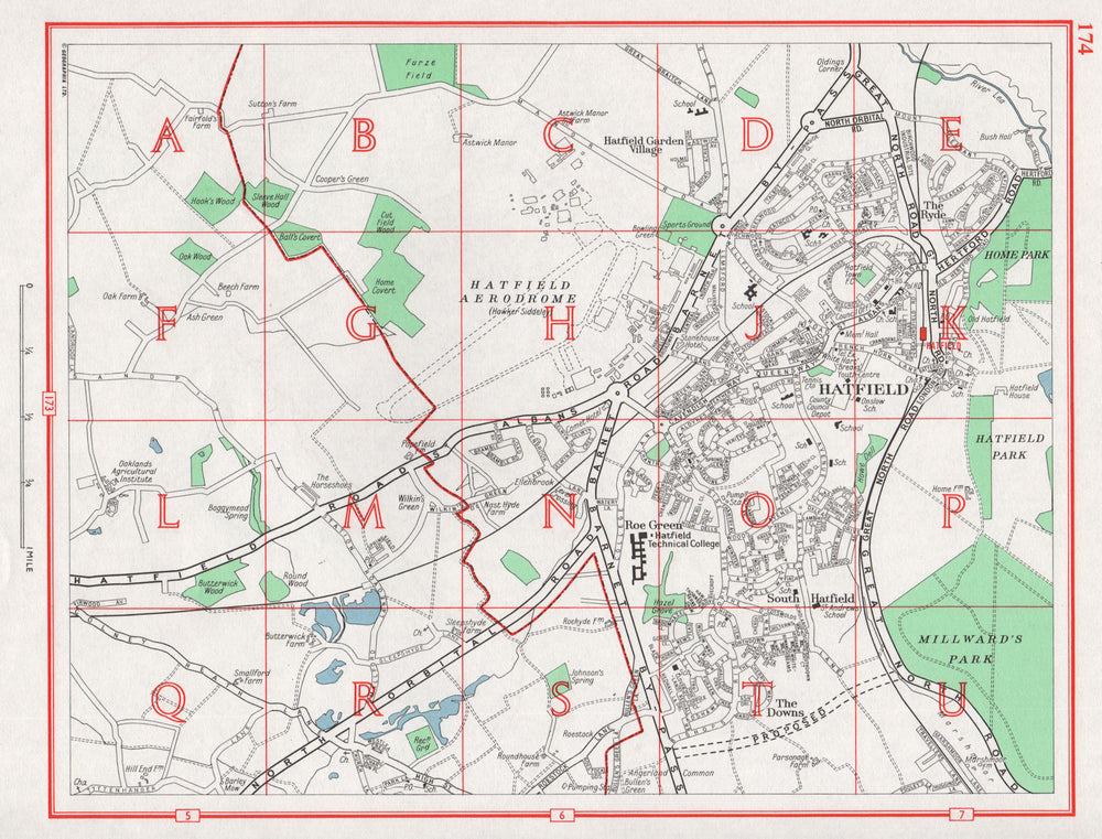 HATFIELD. Roe Green Garden Village The Ryde Birchwood Aerodrome. Herts 1964 map