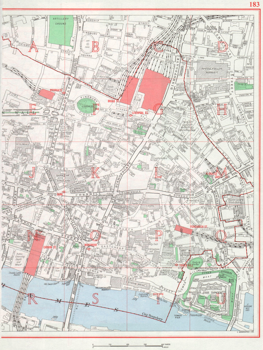 CITY OF LONDON. Moorgate Broad St Liverpool St Cannon St Monument 1964 old map