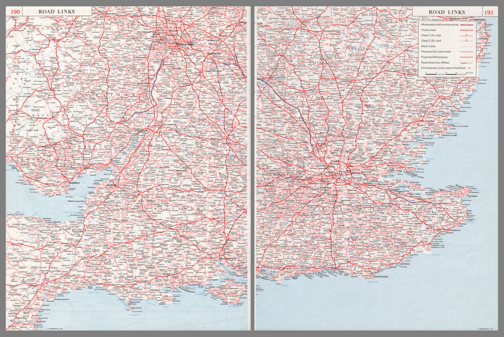 SOUTHERN ENGLAND ROADS. Part built M1 M2 M5 M50 M4 A20 (M) . 2 sheets 1964 map