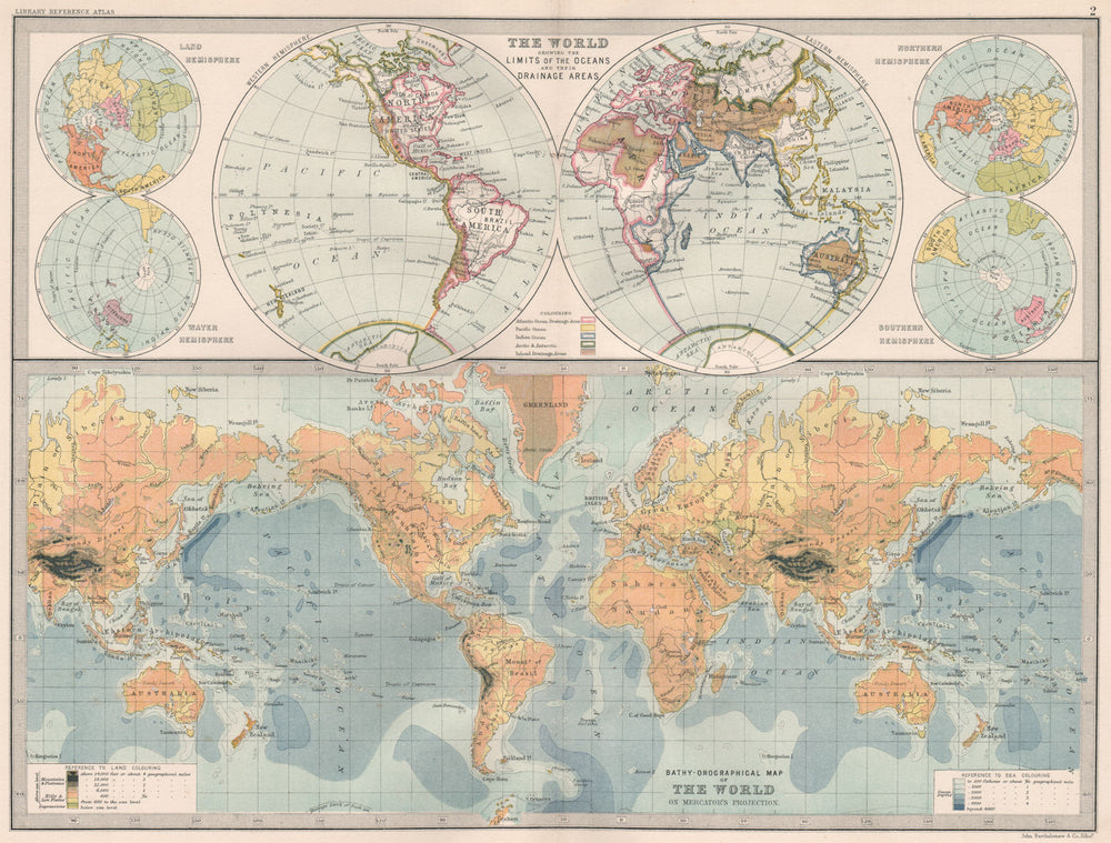 WORLD. Ocean drainage-watersheds. Relief. BARTHOLOMEW 1890 old antique map