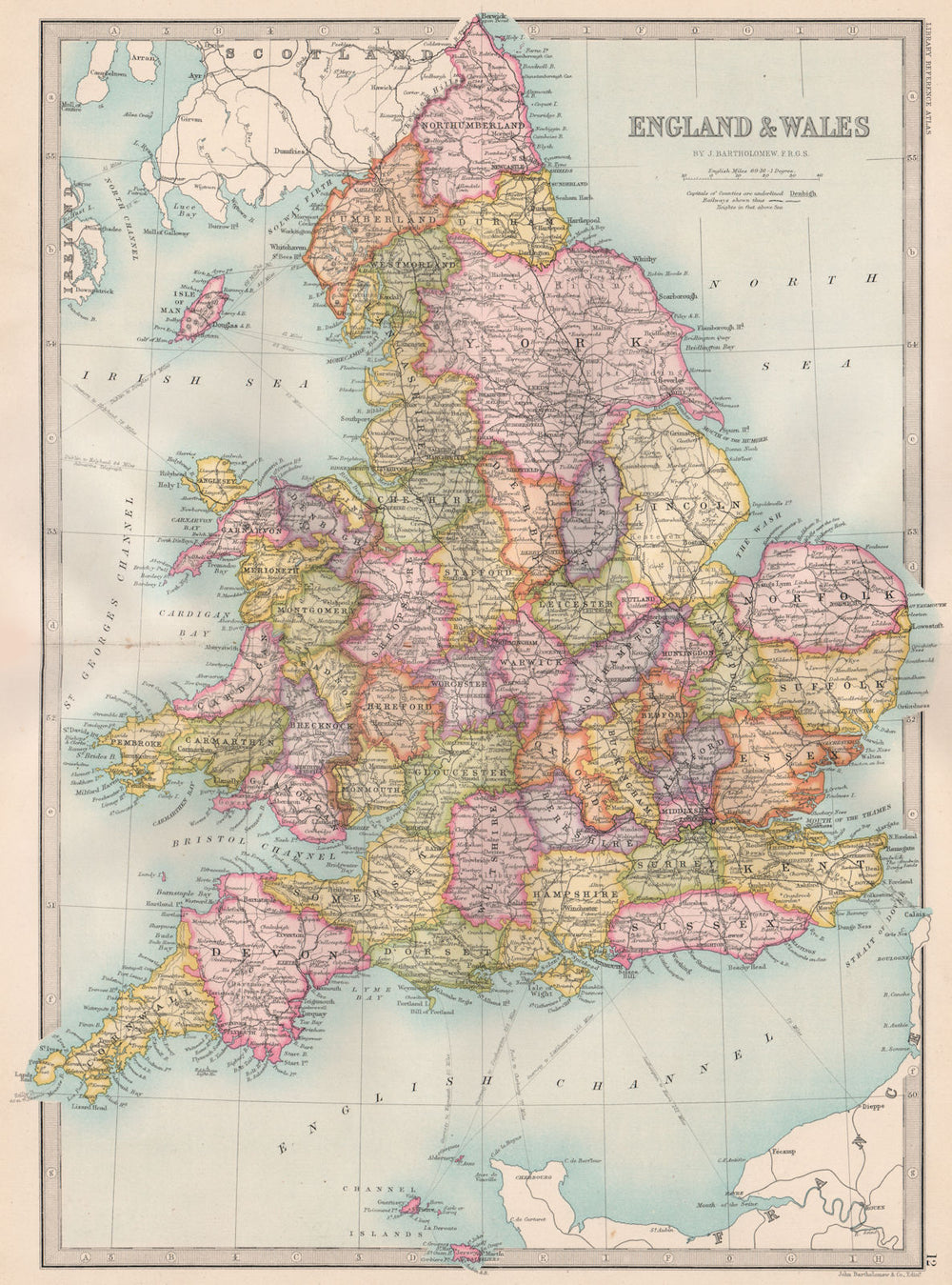 ENGLAND & WALES. counties. BARTHOLOMEW 1890 old antique vintage map plan chart