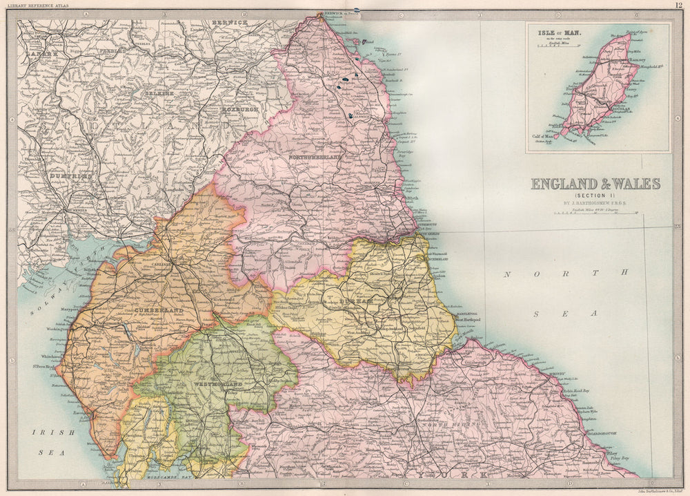 NORTHERN ENGLAND. Cumberland Westmoreland Northumberlan. BARTHOLOMEW 1890 map