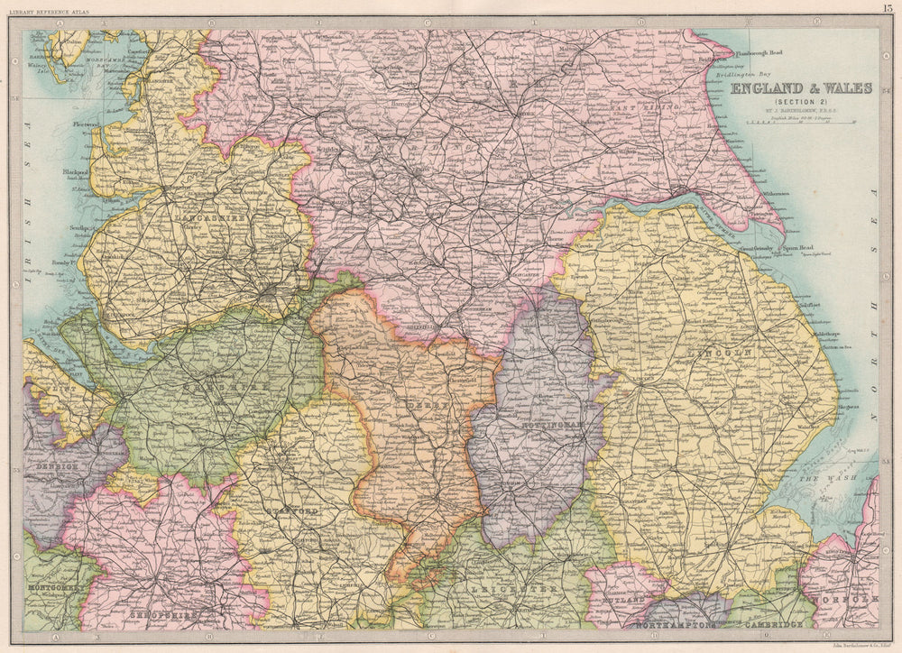 ENGLAND NORTH & MIDLANDS.Lincs Lancs Yorks Notts Derbys Staffs Cheshire 1890 map