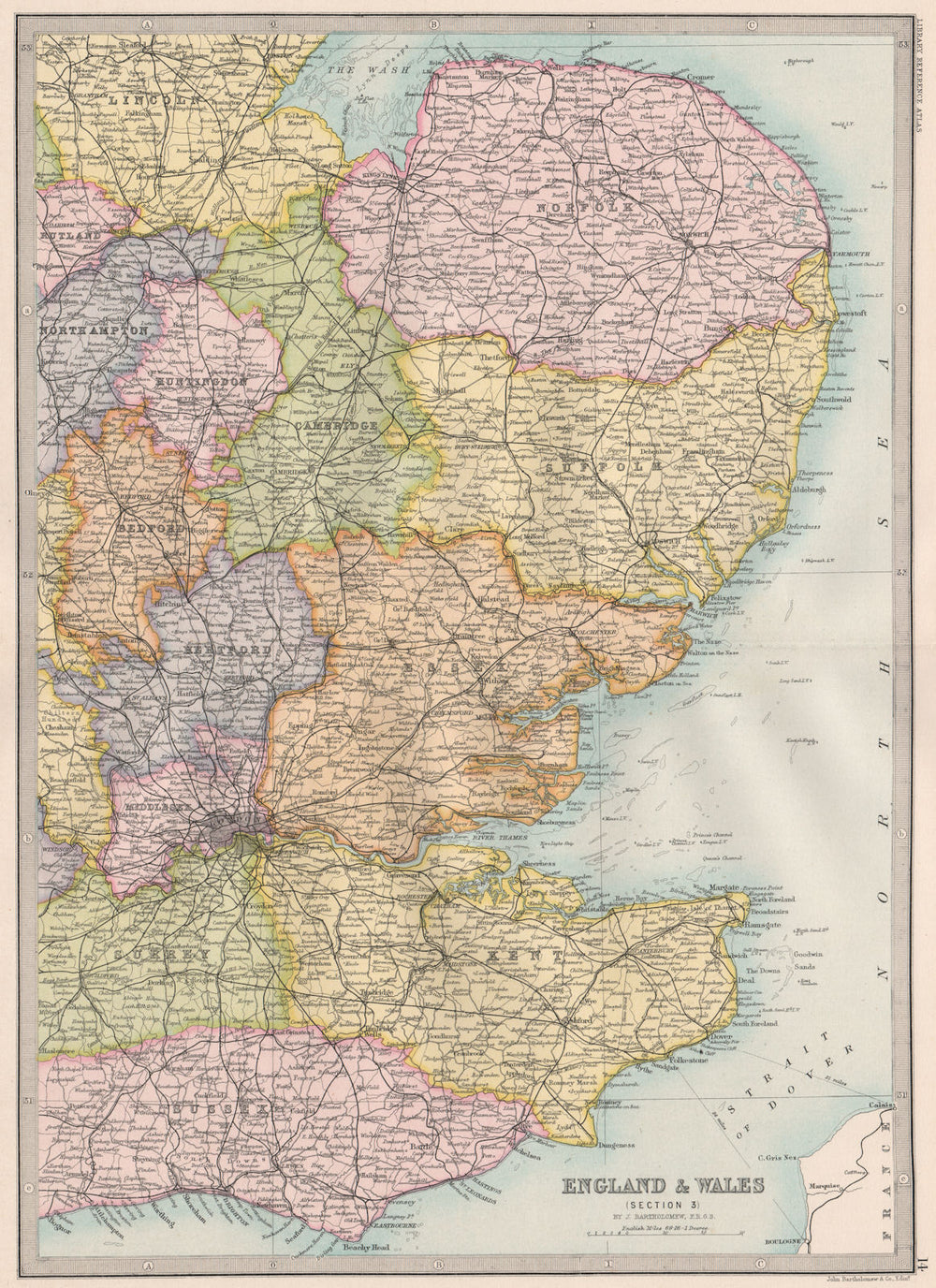 EASTERN ENGLAND. E Anglia Home Counties E Midlands London. BARTHOLOMEW 1890 map