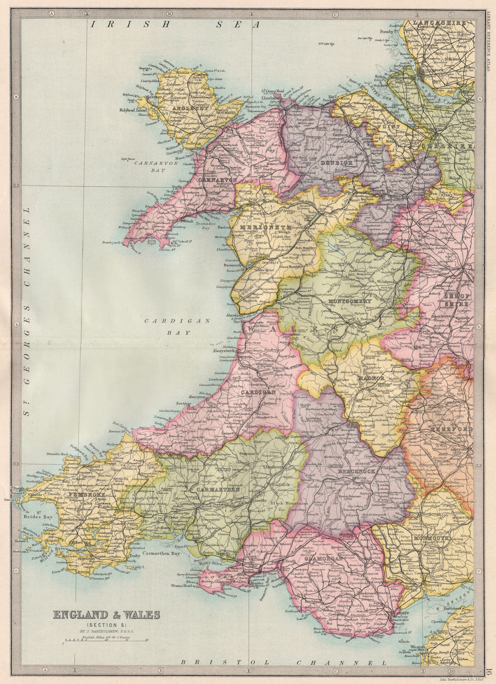 WALES. Showing counties. Railways. BARTHOLOMEW 1890 old antique map plan chart