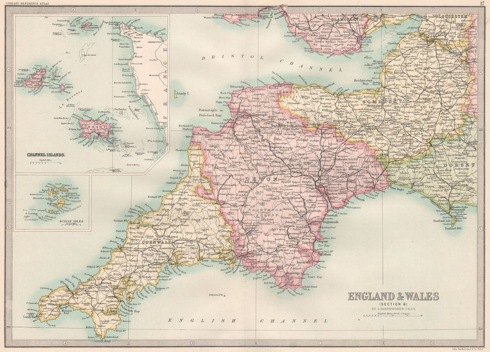 SOUTH WEST ENGLAND.Devon Cornwall Somerset.Channel Islands.BARTHOLOMEW 1890 map