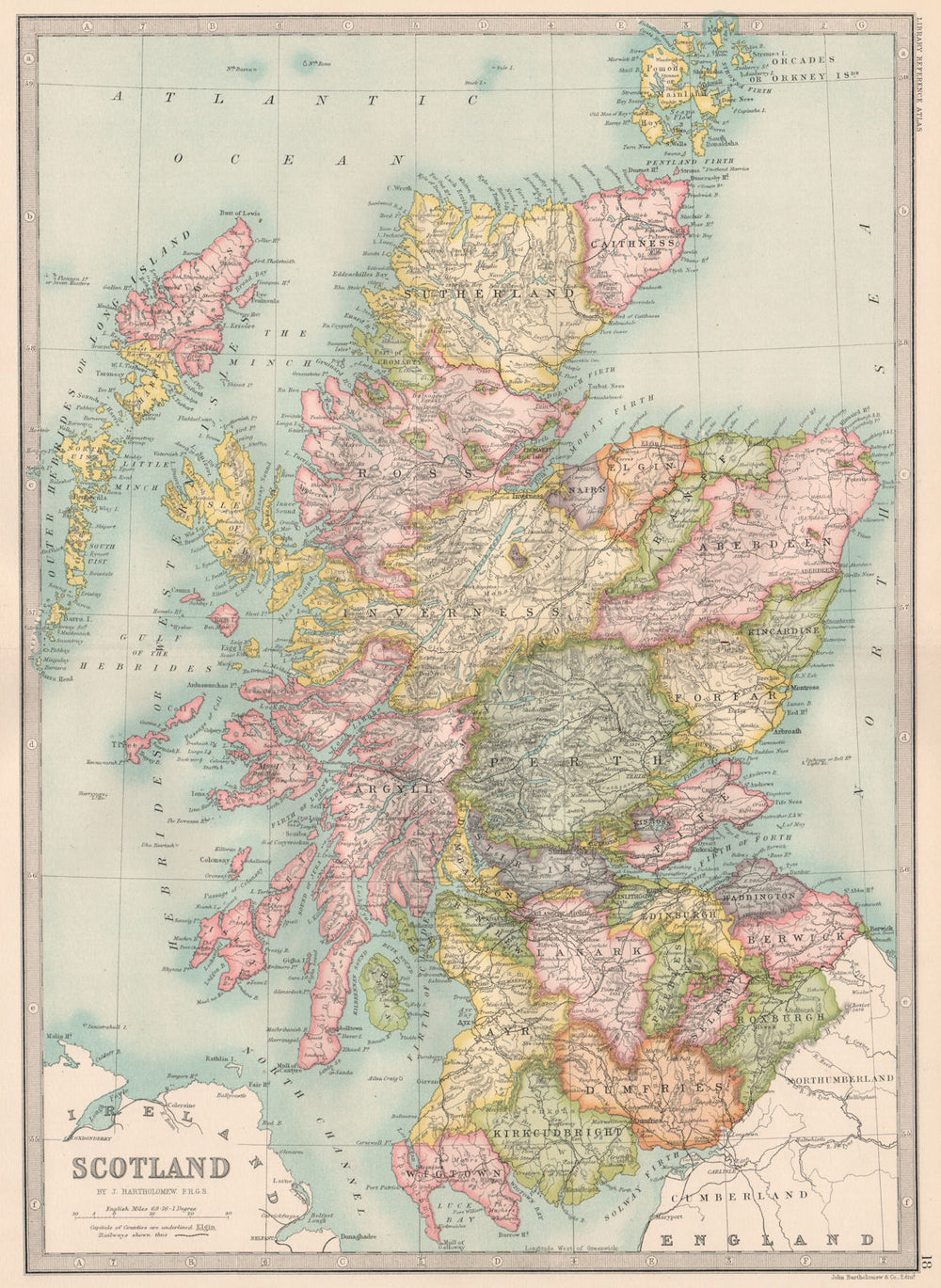 SCOTLAND. counties. BARTHOLOMEW 1890 old antique vintage map plan chart