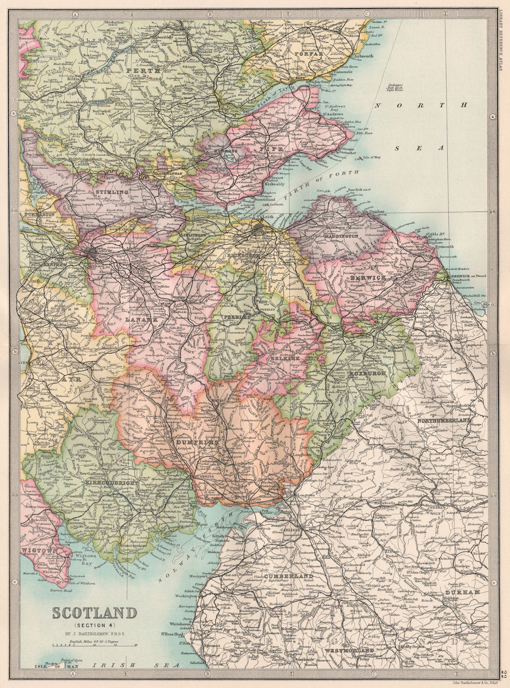 SCOTLAND SOUTH & CENTRAL. Scottish Borders. BARTHOLOMEW 1890 old antique map