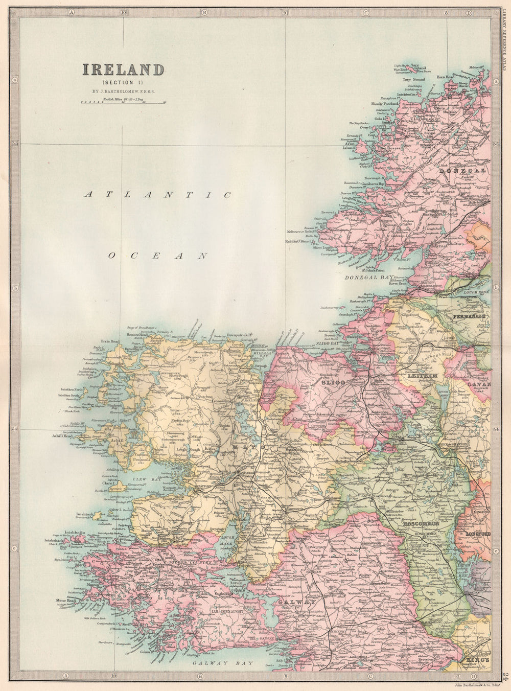 IRELAND NORTH WEST. Mayo Sligo Roscommon Galway Leitrim. BARTHOLOMEW 1890 map