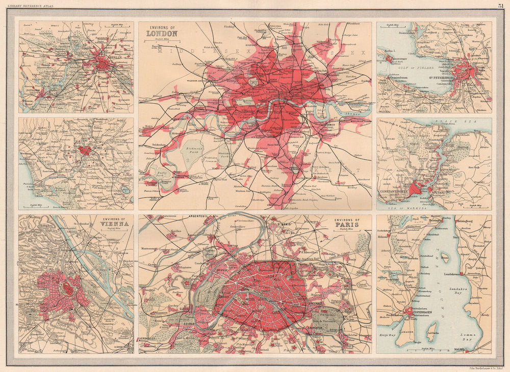 EUROPEAN CITIES.London Paris Berlin Rome Vienna St.Petersburg Istanbul 1890 map