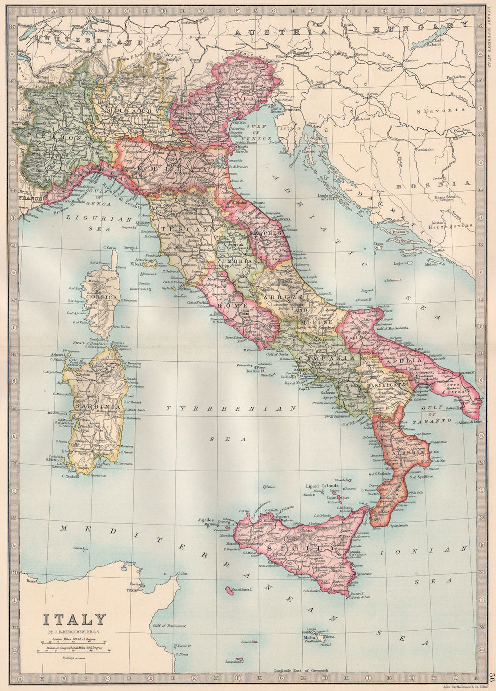 ITALY. without Istria & South Tyrol. BARTHOLOMEW 1890 old antique map chart