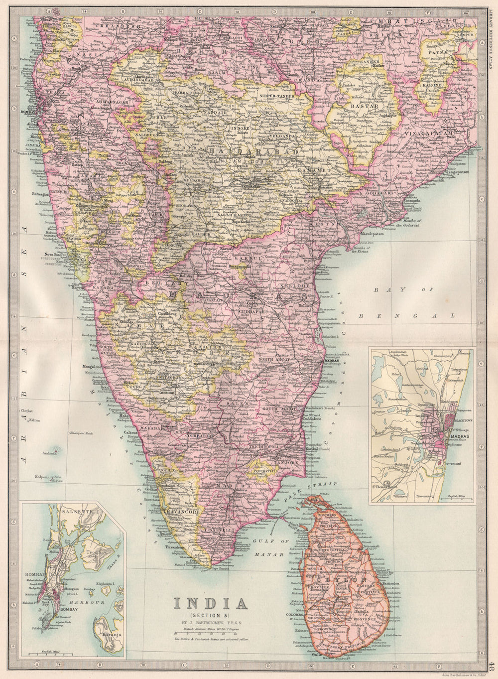 BRITISH INDIA-SOUTH.Ceylon(Sri Lanka).Bombay(Mumbai);Madras(Chennai) 1890 map